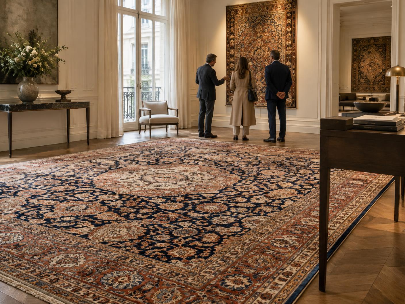Tapis d’exception présenté pour achat dans une galerie parisienne
