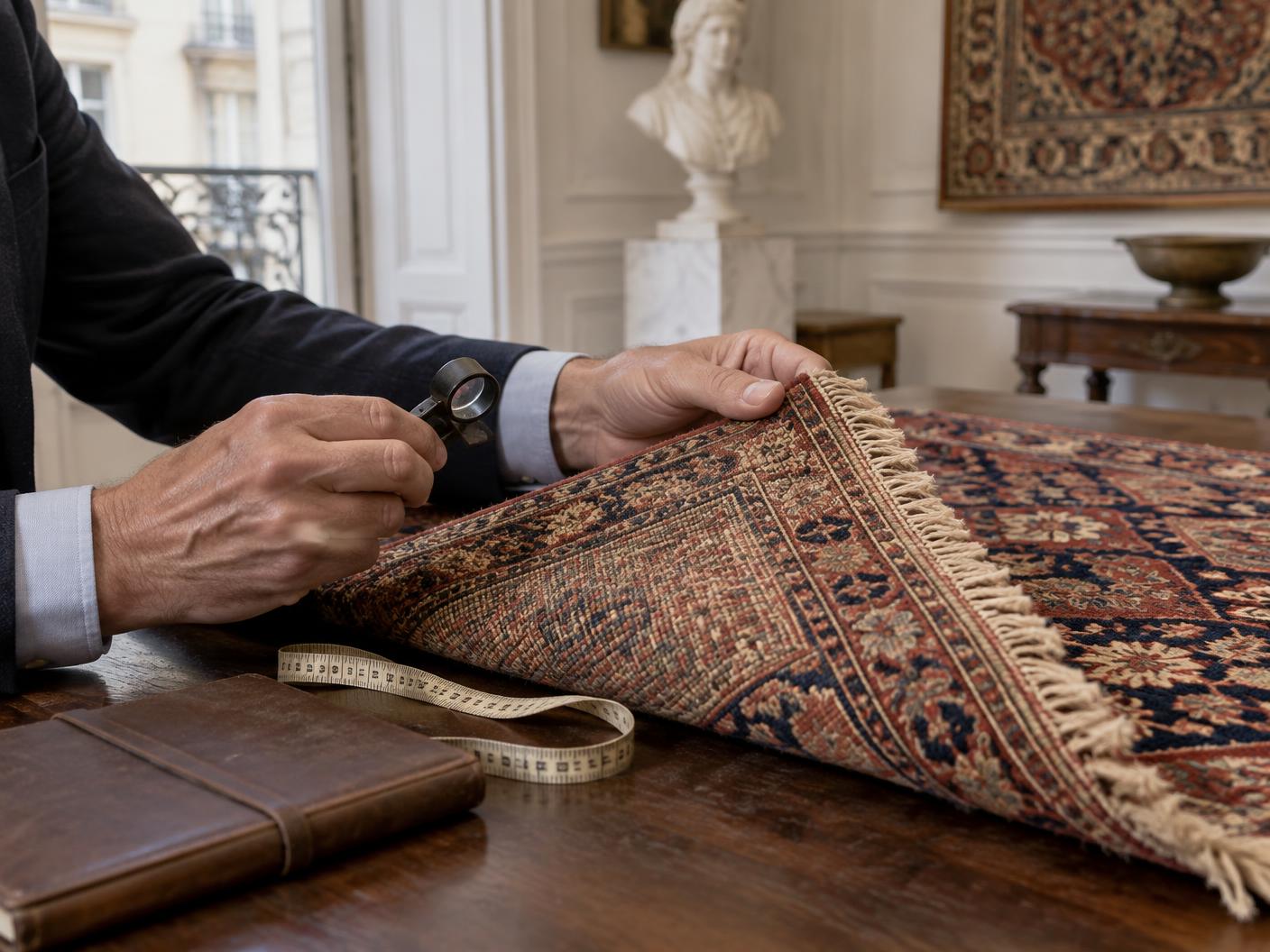 Examen des motifs lors de l’expertise d’un tapis à Paris