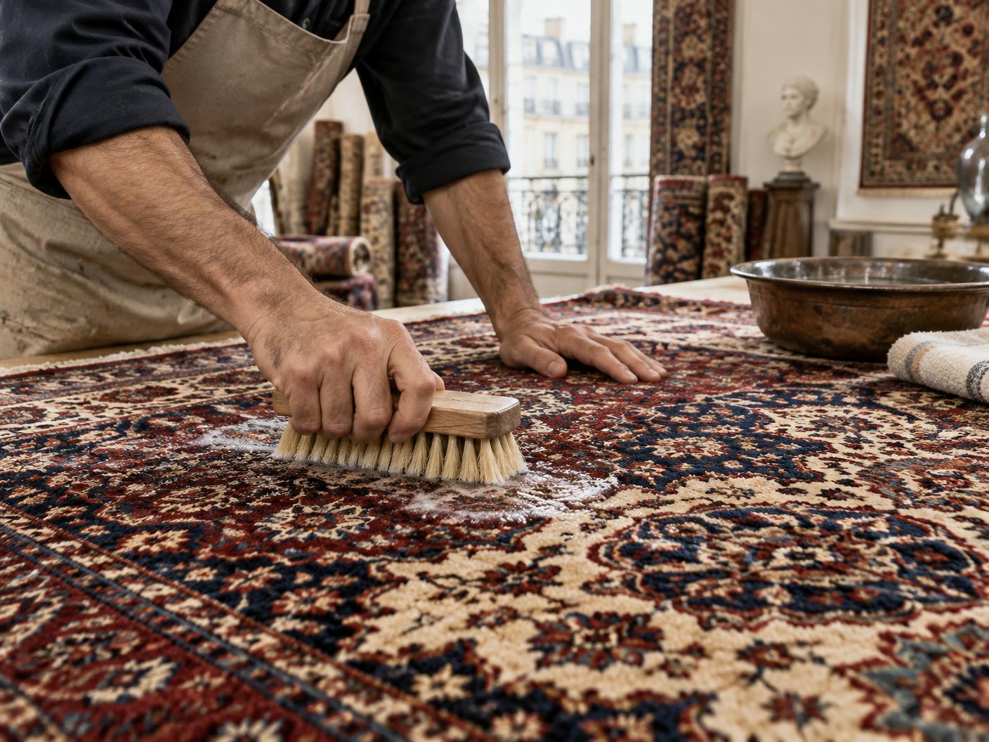 Examen d’un tapis avant lavage spécialisé à Paris