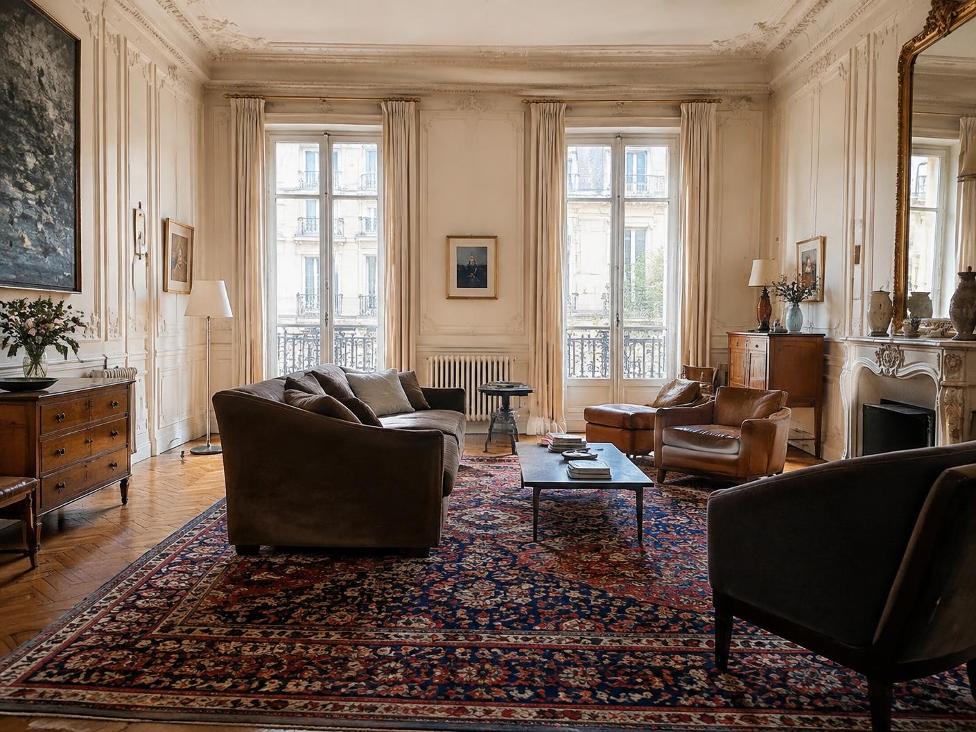 Salon haussmannien avec un grand tapis persan ancien — Paris 15e