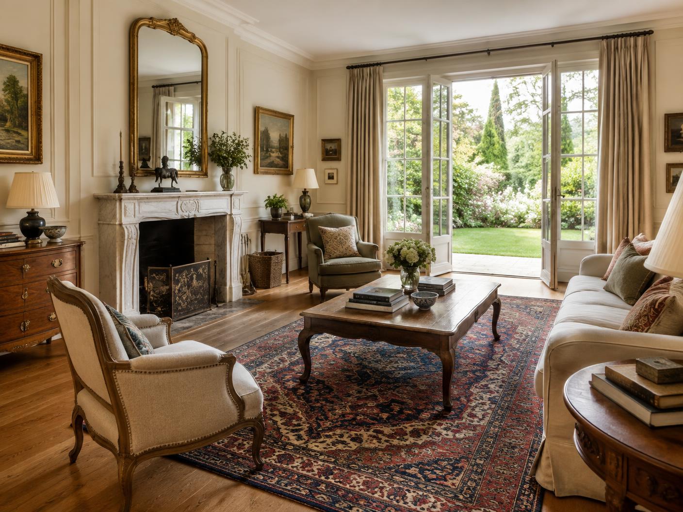 Salon de villa ouvert sur un jardin, tapis caucasien ancien — Le Vésinet